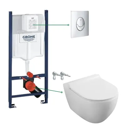 Set vas wc rimless cu capac soft close Fluminia Minerva, rezervor incastrat si clapeta crom Skate Air Grohe