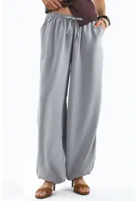 Pantaloni dama - picior larg - talie cu snur - gri - poliester
