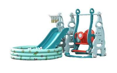 Spatiu de joaca Nichiduta Garden Tower Blue 3in1 cu tobogan, leagan cu bara de protectie detasabila, jucarie muzicala, Cos de baschet, Minge si piscina cu 200 bile incluse