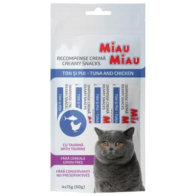 MIAU MIAU Creamy Snacks, Ton și Pui, recompense fără cereale pisici, (piure), 60g
