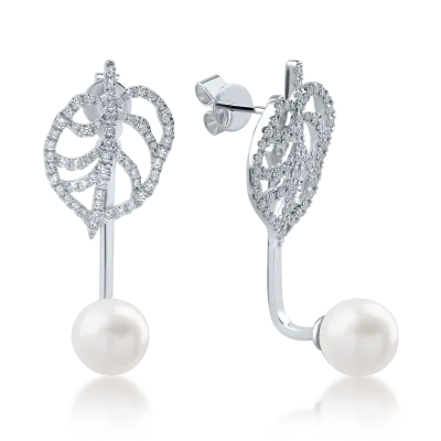 Cercei din aur alb cu perle de cultura de 7.5ct si diamante de 0.6ct