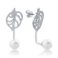 Cercei din aur alb cu perle de cultura de 7.5ct si diamante de 0.6ct