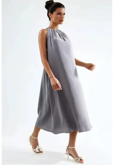Rochie Maxi gri - modal si poliester - detaliu drapat