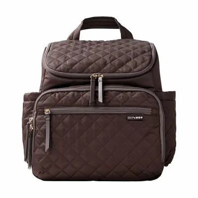 Rucsac pentru mamici, Skip Hop, Compartimentat, Matlasat, Cu multiple buzunare, Include 2 gentute mai mici pentru depozitare si salteluta de infasat, 41x20x36 cm, Ciocolatiu