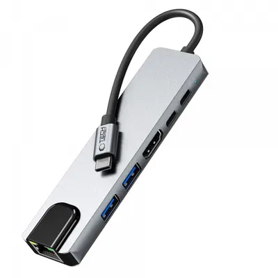 Hub USB-C Tech-Protect HB02, 1 x USB-A 3.0 - 1 x USB-A - 2 x USB-C - 1 x HDMI - 1 x RJ45, Gri