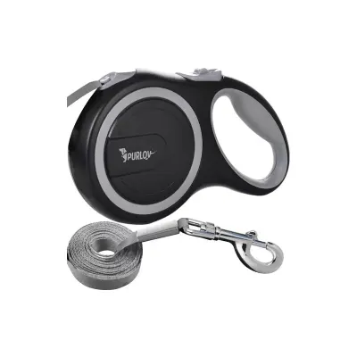 Lesa retractabila automata pentru caini, lungime 5 m, buton blocare, maner ergonomic, banda reflectorizanta, negru/gri