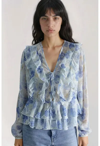 Bluze dama - cu model in V si volanase - albastru - tul