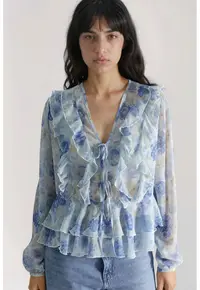 Bluze dama - cu model in V si volanase - albastru - tul