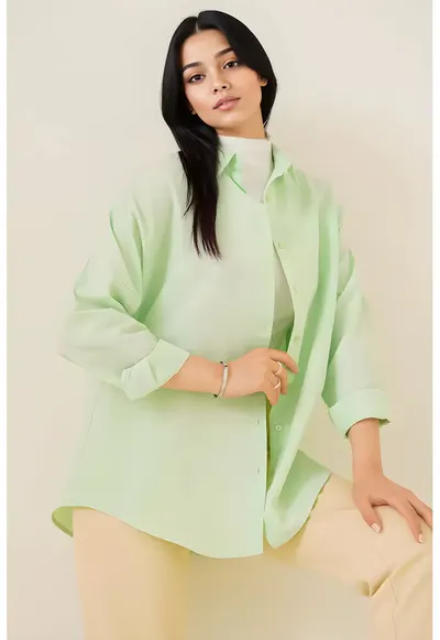 Camasa - poplin - croiala lejera - verde - bumbac-poliester