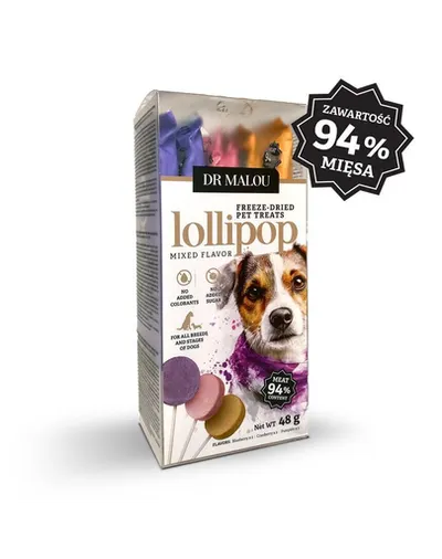 DR MALOU Lollipop acadele liofilizate din carne pentru câini arome mixte 48 g (6 bucăți)