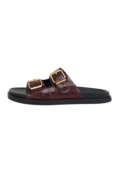 Papuci din piele cu aspect de piele de crocodil - Maro cognac