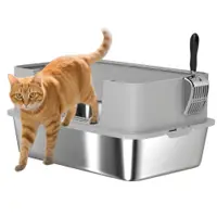 PawHut Cutie de Nisip pentru Pisici din Oțel Inoxidabil XL cu Bordo Înalt Lopată Ușor de Curățat Anti-Scurgeri 60x40x29,5 cm Gri | Aosom Romania