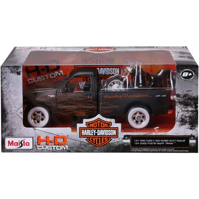 Set masina si motocicleta, Maisto, H-D Custom, 1999 Ford F350 Super Duty Pick Up 1:27 si 2002 FXSTB Night Train, 1:24