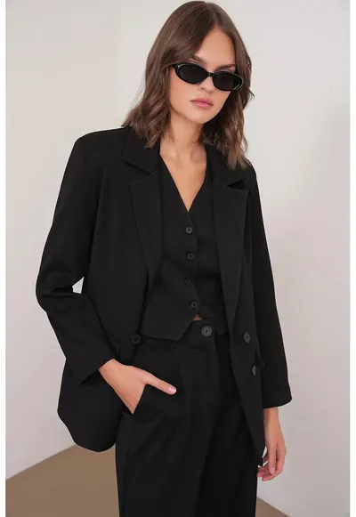 Sacou dama - cu maneci lungi - buzunare - negru - textil