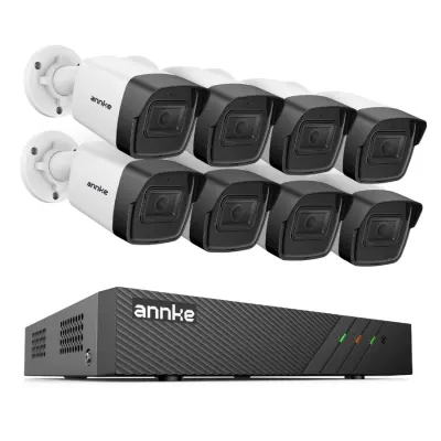 Sistem performant de supraveghere video ANNKE N98PBL+I51DL*8, PoE, NVR 8 canale, 8 camere tip Bullet interior/exterior 5MP, Ultra HD/2k+, vedere nocturna IR, audio, rezistent la intemperii