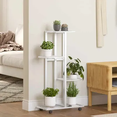 vidaXL Suport de flori cu 4 etaje, cu roți, alb, 44x23x80 cm, fier