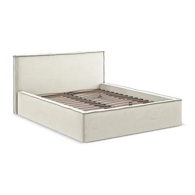 Pat matrimonial crem tapițat cu spațiu de depozitare cu somieră 160x200 cm Anani – Makamii