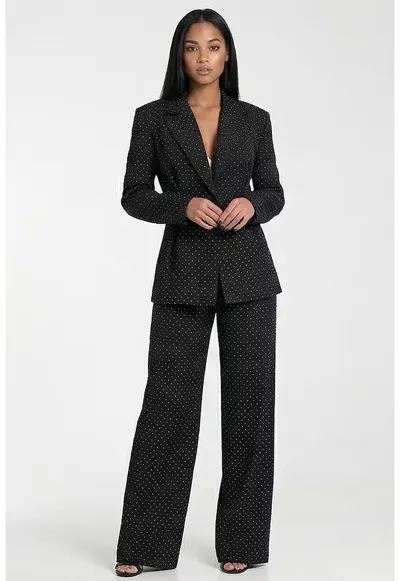 Costum elegant dama - M1304 - sacou negru cu decolteu in V si pantaloni cu picioare largi - business