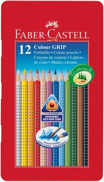 Creioane acuarela Faber-Castell Grip 2001 - 12 culori, cutie metalica