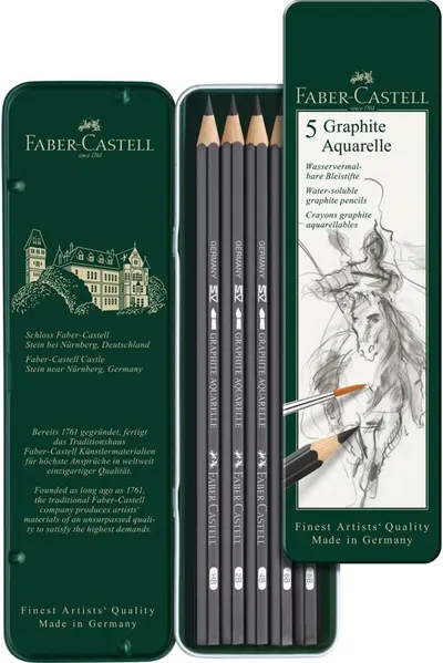 Creioane acuarelă Faber-Castell Graphite Aquarelle - 5 bucăți, în cutie metalică