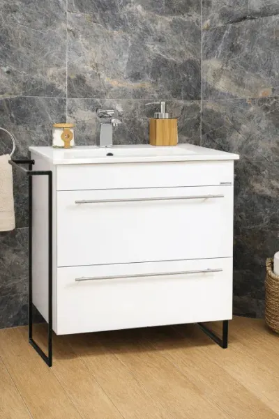 Set Baza front MDF si Lavoar seria 054, cadru metalic, cu sertare, montata, 70 cm, alb
