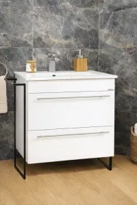 Set Baza front MDF si Lavoar seria 054, cadru metalic, cu sertare, montata, 70 cm, alb