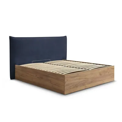 Pat matrimonial albastru tapițat/din placă aglomerată de lemn tapițat cu spațiu de depozitare cu somieră 160x200 cm Charlie – Bobochic Paris
