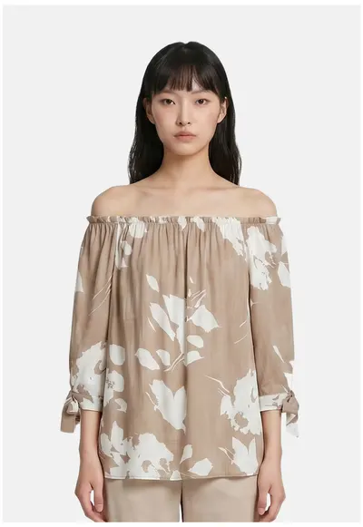 Bluza cu decolteu pe umeri si maneci trei sferturi - Maro taupe