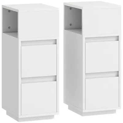 HOMCOM Set de 2 Noptiere Înalte și Subțiri pentru Dormitor cu 2 Sertare și Raft Deschis, Noptiere Moderne Economisitoare de Spațiu, Măsuțe pentru Divan, Sufragerie și Dormitor, 25x30x65 cm, Alb | Aosom Romania