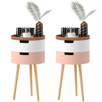 HOMCOM Set de 2 Mese Totunde de Cafea cu 3 Niveluri, 2 Spații de Depozitare și Tavă Detașabilă, Φ35x65,5 cm, Multicolor | Aosom Romania