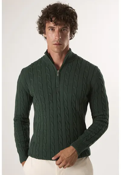 Pulover regular fit cu fenta cu fermoar - Verde englez