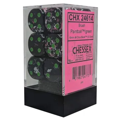 Set 12 Zaruri Chessex Brush d6 Dice 16mm - Paintball/Verde