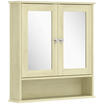 kleankin Dulap de perete pentru baie cu oglindă, 56 x 13 x 58 cm, mobilier de baie cu uși-oglindă duble, efect lemn natural | Aosom Romania