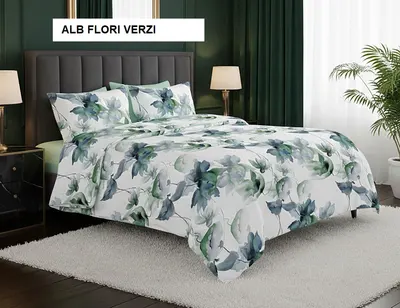 Lenjerie de pat policoton ELVO alb flori verzi 230x250 cm, Ralex | 1 buc