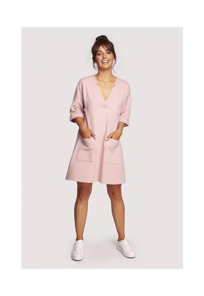 Rochie cu decolteu in V - Bumbac - Kaki - Albastru