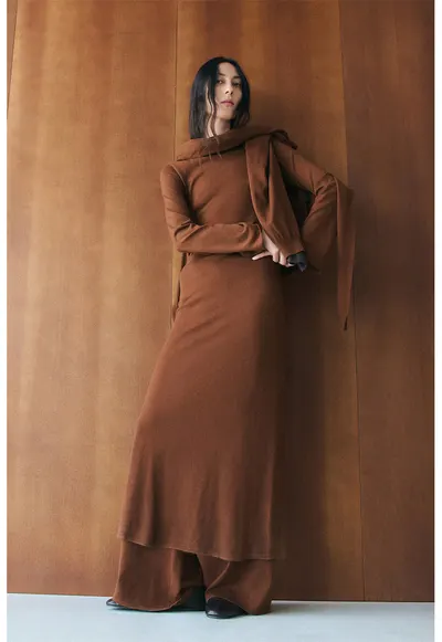 Rochie uni midi din amestec de lana - Maro