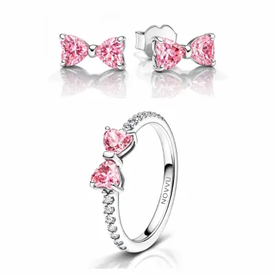 Set bijuterii Inel si Cercei Pink Bow Cu Argint