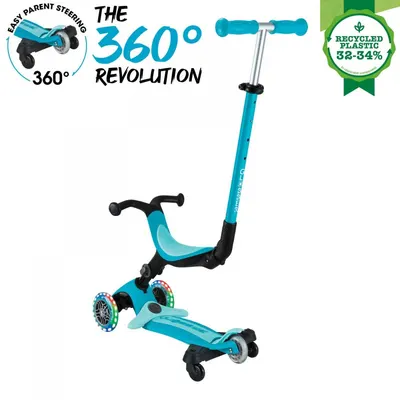 Trotineta pentru copii Globber Go-Up Active Eco Blue 3 in 1, rotire 360, ghidon reglabil, scaun, maner parinte, roti cu Led, greutate admisa 50 kg