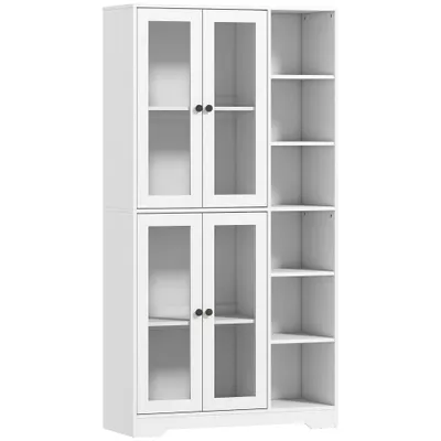 HOMCOM Bufet Bucătărie Înalt, Dulap Dispensa cu 4 Uși din Sticlă Soft-Close, 6 Rafturi Deschise, Rafturi Reglabile, Alb | Aosom Romania