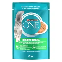 PURINA ONE Indoor, mini fileuri cu Ton si Fasole Verde in sos, 85 g