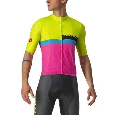 Tricou ciclism maneca scurta A Blocco - galben fluo magenta albastru