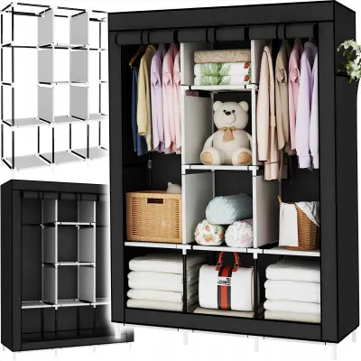 Dulap, sifonier Textil NewEvo 125 165 42 cm, Garderoba Pliabila cu Cadru Metalic Stabil, 4 Zone pentru Umerase, Rafturi Textile, Husa de Protectie