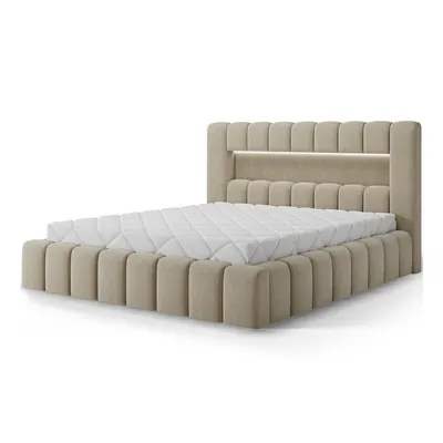 Pat matrimonial bej tapițat cu spațiu de depozitare cu somieră 140x200 cm Lamica – ELTAP