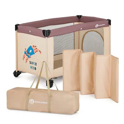 Patut pliant, Petite&Mars, Koot, 120 x 60 cm, Cu roti, Functie de tarc, Pliere compacta, Include geanta de transport, Intrare laterala cu fermoar, Pereti din plasa, Pana la 15 kg, 0-30 luni, Maro