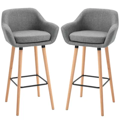 HOMCOM Scaun bar gri cu Pernă Confortabilă Lemn și Înveliș din Țesătură, Set 2 Scaune de Bar Moderne,55x48x100 cm | Aosom Romania