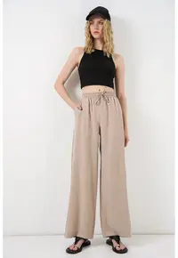Pantaloni dama - talie inalta - picior larg - bej natural - 85% modal - 15% poliester