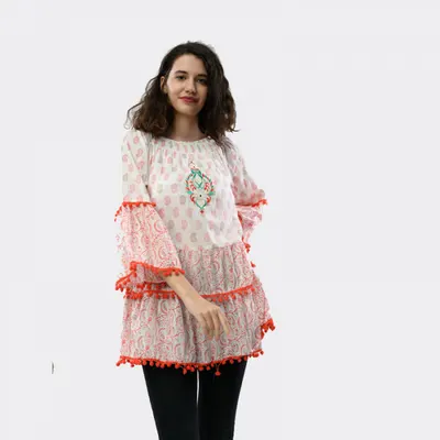 Bluza Rochie tunica brodata cu imprimeu si ciucuri