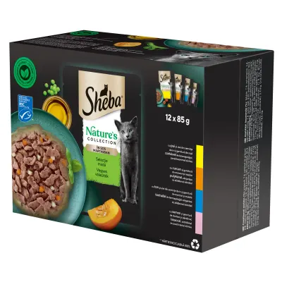 SHEBA Nature's Collection Selectie Mixta, Carne și Pește, plic hrană umedă fără cereale pisici, (în sos), megapack, 85g x 12buc