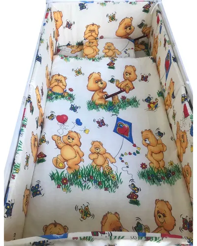 Lenjerie de pat 3 piese cu cearceaf plapumioara si pernuta slim 140x70 cm Croitoria Noastra Ursuleti pe galben