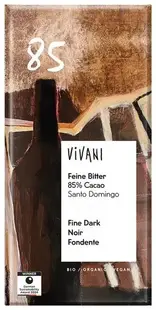 Ciocolată bio fină naturală, 85% cacao, 80 g, Vivani